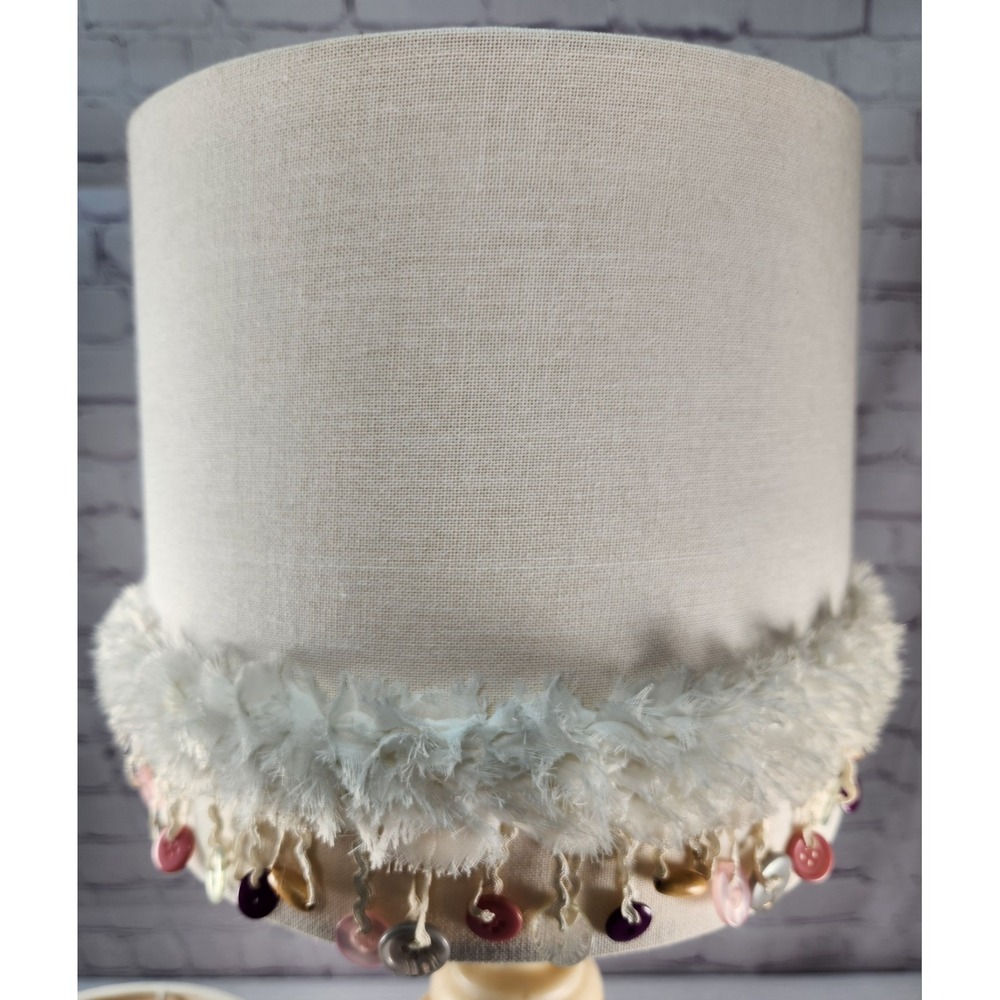 Vintage Shabby Chic Linen Drum Lampshades White Fringe Colorful Button Trim Boho